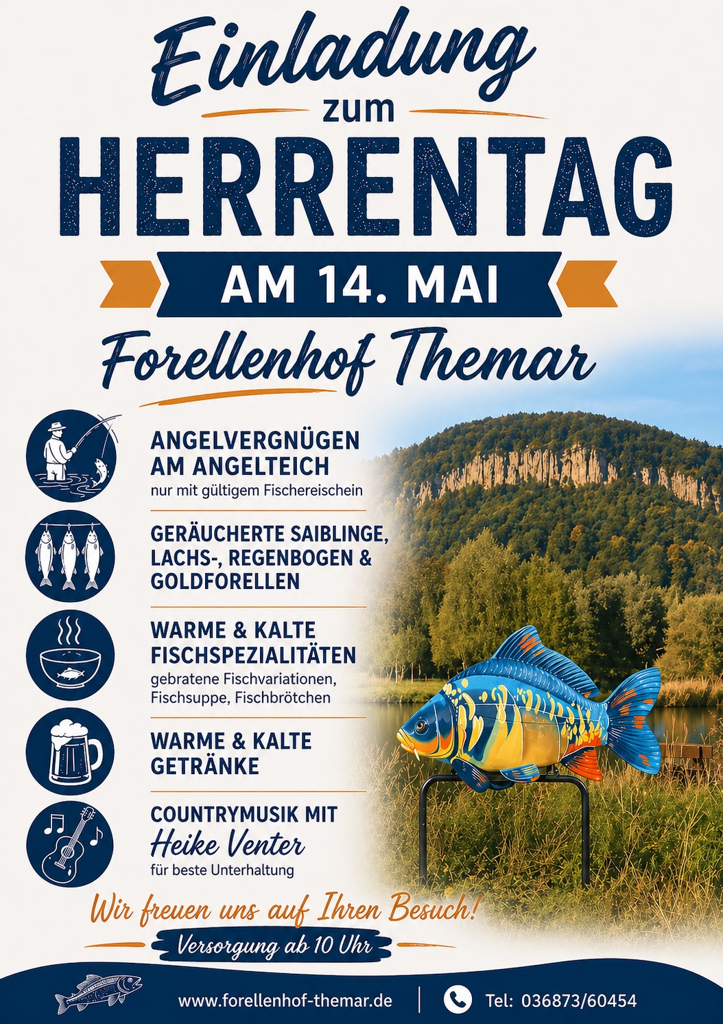 Herrentag-Plakat 2026 für den Forellenhof Themar, mit KI erstellt: klare Typografie, Foto, Programm-Icons